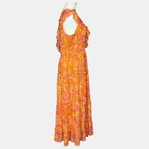 Versona Women's M Orange Pink Paisley Midi Dress Tiered Ruffle | Boho - Picture 4 of 7